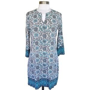 Coolibar UPF 50 Oceanside Tunic Mini Dress Medium 3/4 Sleeve Gray Teal Floral